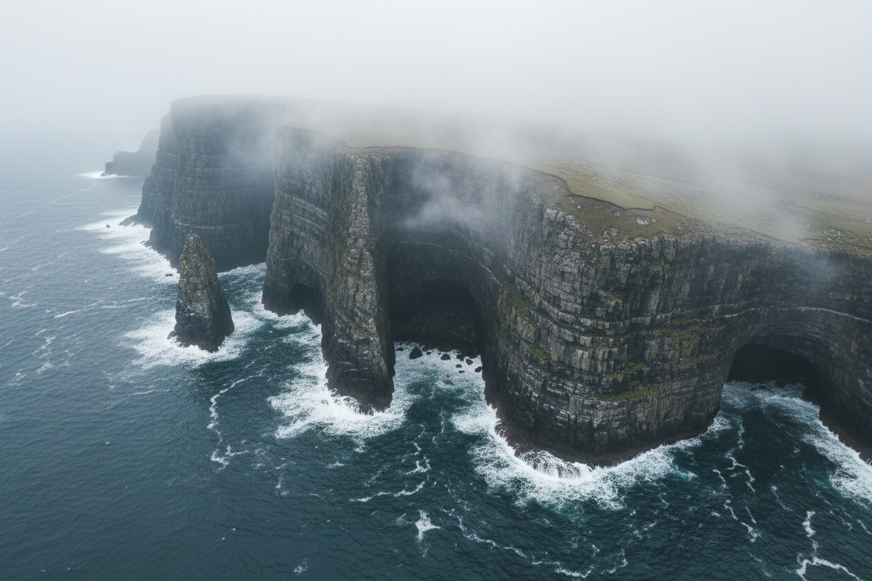 Klippen am Meer, nebelige Stimmung, aus der Höhe fotografiert. hochauflösend